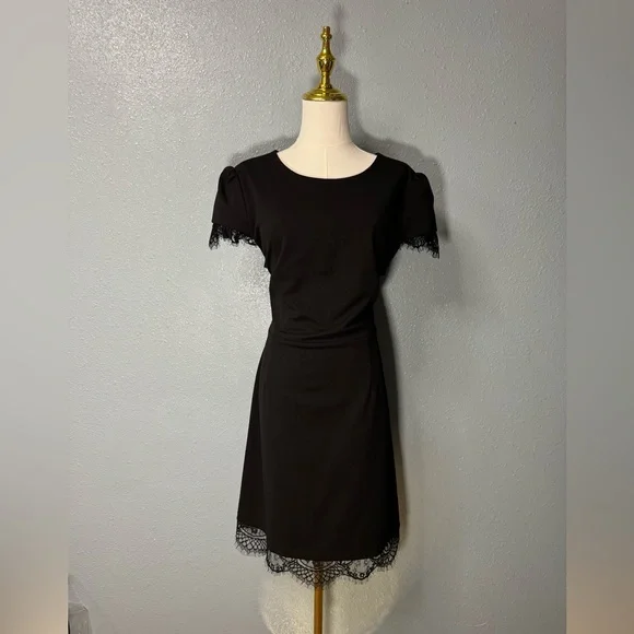 betsey johnson black lace dress Wrap Cocktail Dress Short Sleeve Crew Neck Midi Black Dress – REENOVY main image 1